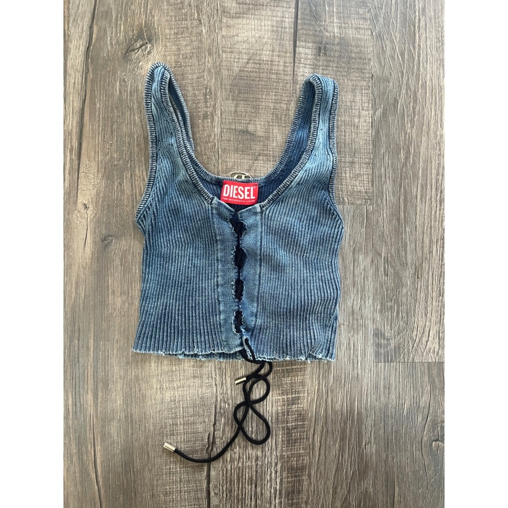 Diesel Ribbed Knit Lace Up Crop Top Blue Acid Wash Denim Look Sleeveless Tank